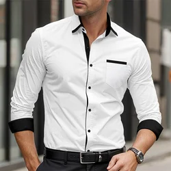 Men's Long Sleeved Printed Lapel Shirt, Business Casual Pocket, Comfortable Fabric Top, Plus Size, New, 9 Colors