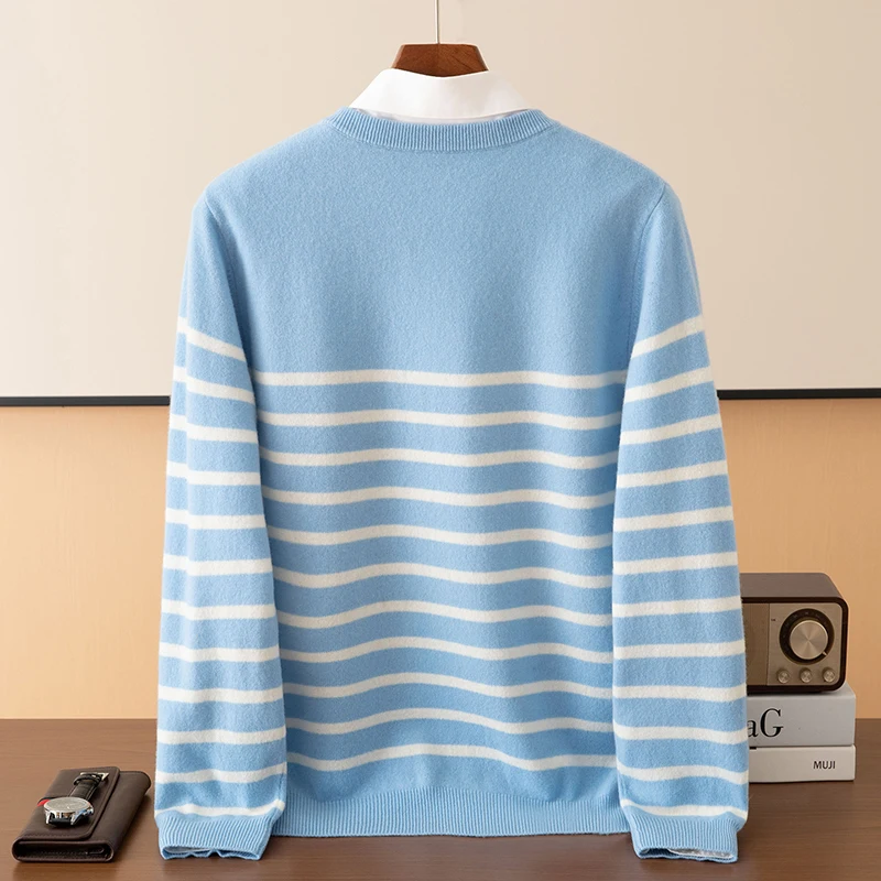 Autumn And Winter Cashmere Round Neck Men's Striped Sweater Loose Warm Pure Wool Plus Size Casual Knitting Bottoming Shirt