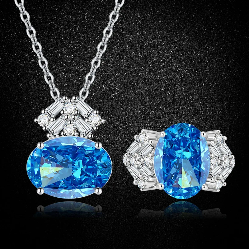 

S925 Sterling Silver Ice‑Cut Blue Zircon Jewelry Set, Ring & Necklace for Women