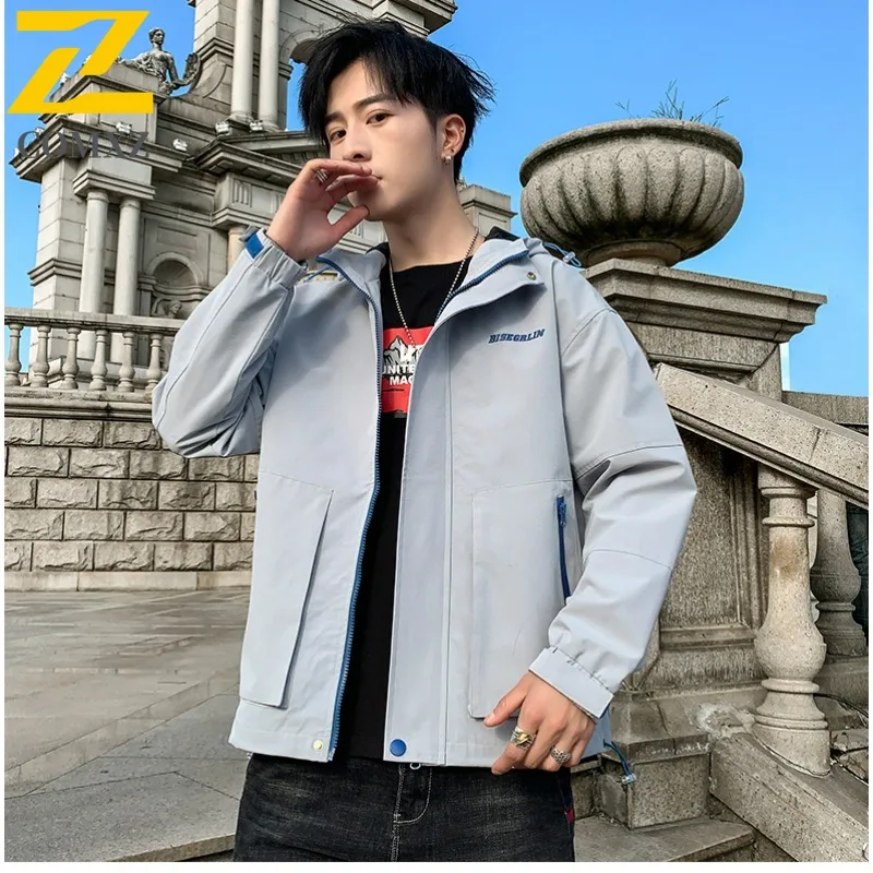 COMXZ 2025 Men Coat Spring Autumn Fashion Hooded Jacket Korean Handsome Versatile Letter Print Casual lightweight windbreaker
