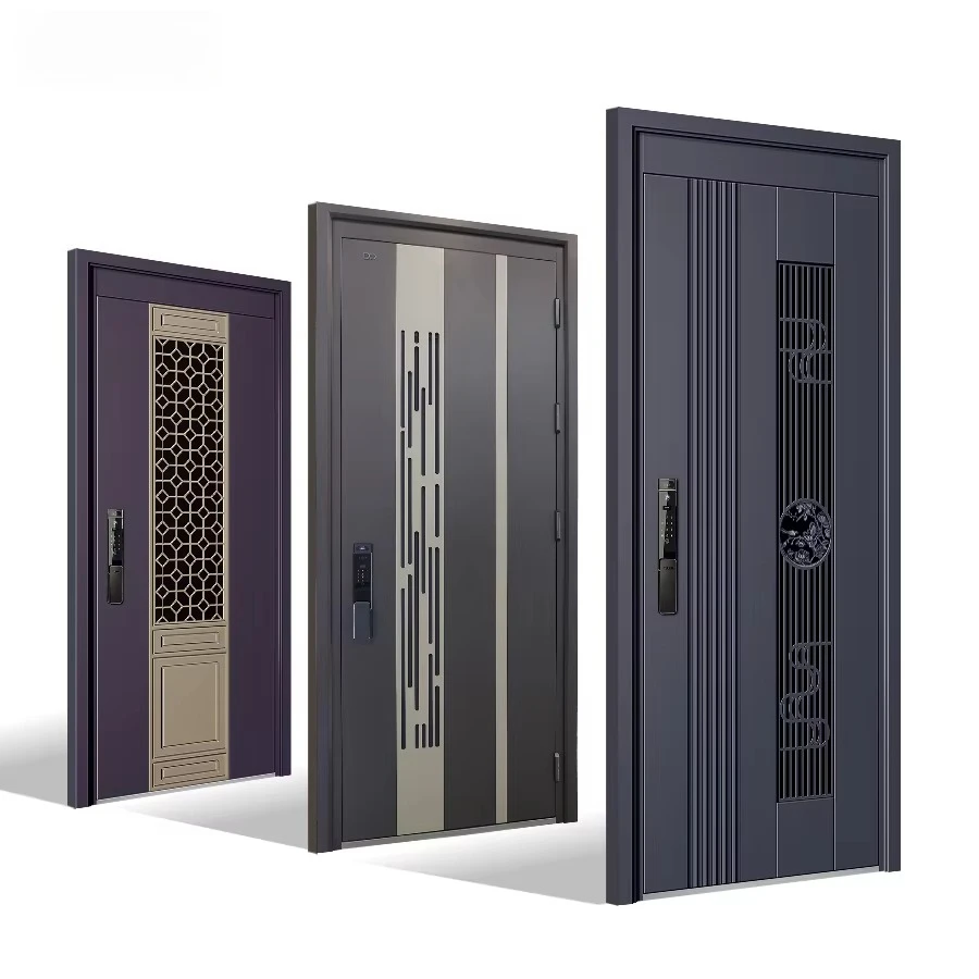3D Carved Zinc Alloy Entry Front Security Door Fire Prevention Luxury Line Pattern Modern Design Exterior Apartment Living Room