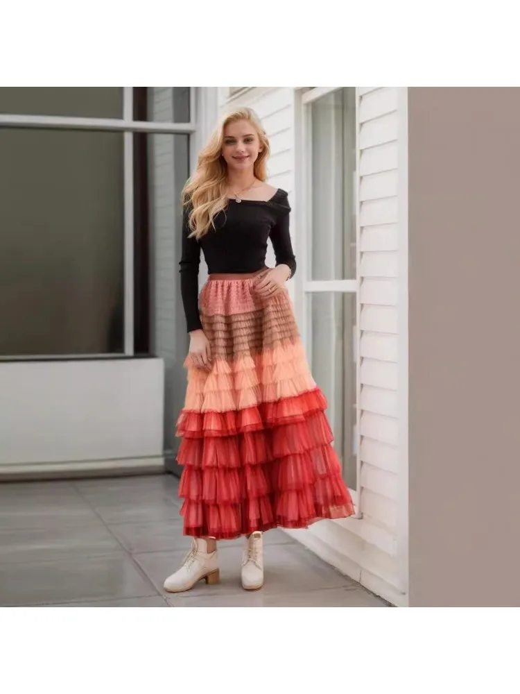 Gradual change color mesh cake skirt skirt cake skirt tutu skirt popular gauze skirt medium and long skirt