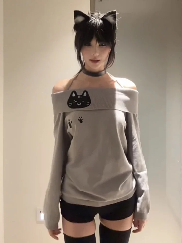 

Cute Embroidery Off The Shoulder T Shirt Women Kawaii Cat Long Sleeve Basic Blouse Tight Basic Crop Top Strapless Gray Tees