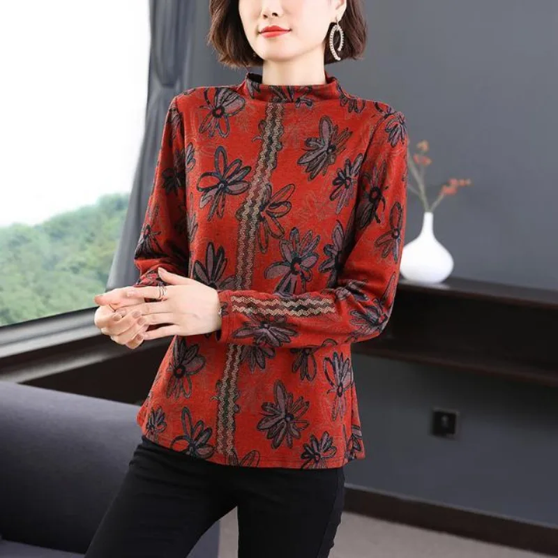 Elegant Women Autumn Winter Floral Printed Half High Collar Thermal Top Rhinestone Decor Long Sleeve Mom Base Shirt Plus Size
