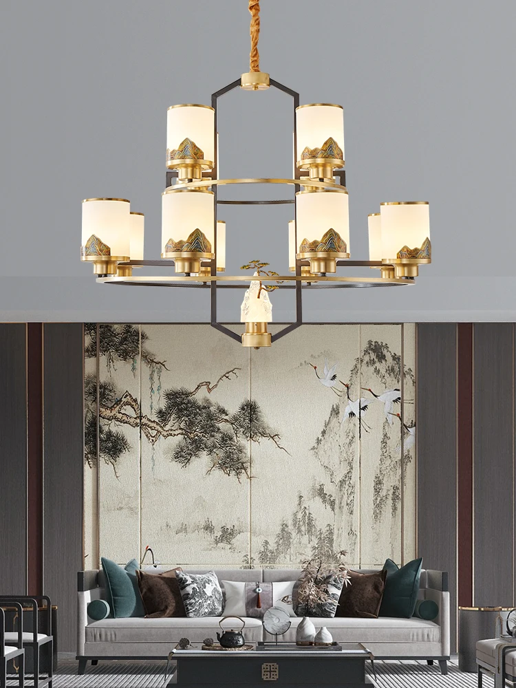 

Inscription New Chinese chandelier full copper bronze carving Jiangshan living room lamp villa Zen hall main lamp dining room be