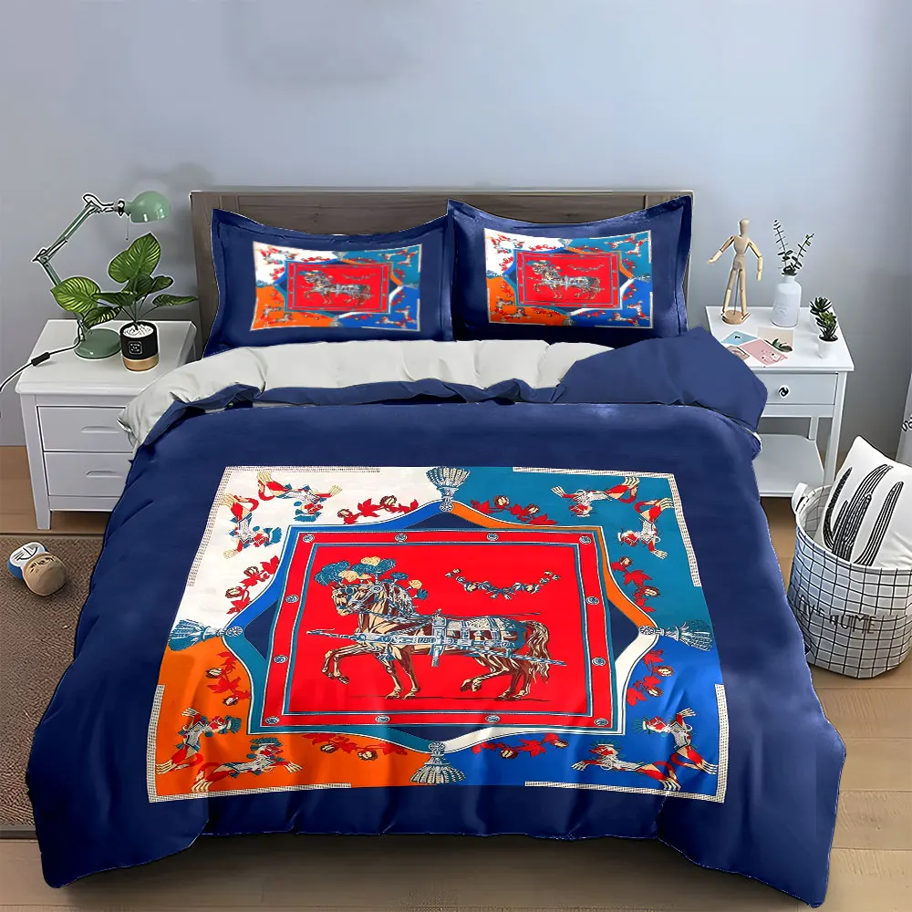 Vintage Carriage Horse Scarf Print Duvet Cover Set,Royal Border Equestrian Bedding Includes 1 Duvet Cover And 2 Pillowcase,Gift