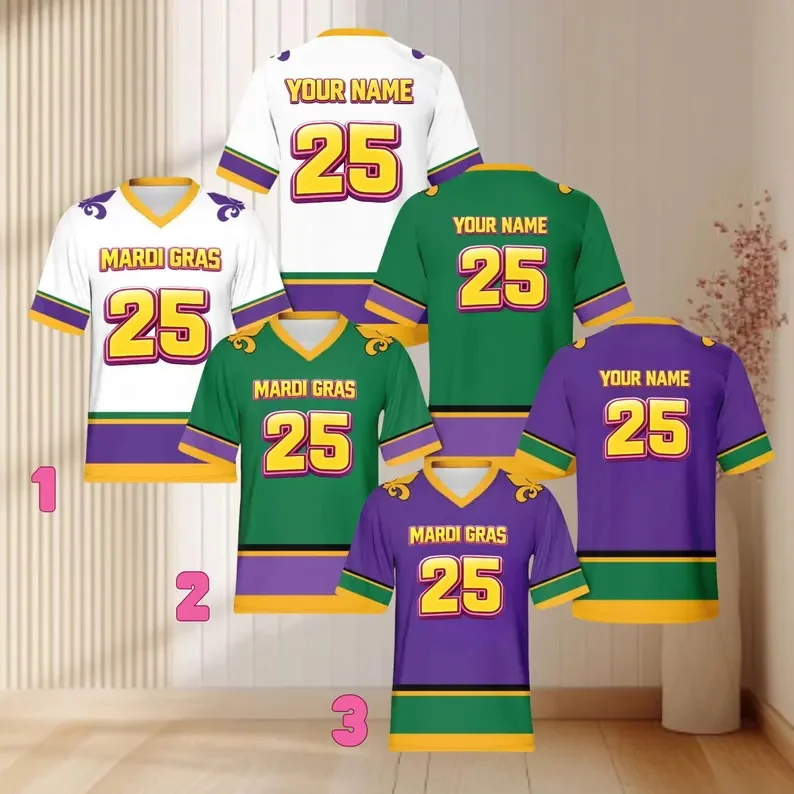 Personalized Name Mardi Gras Football Team Jersey For Men Women Custom Short Sleeve V Neck Fat Tuesday Football Tshirt Top