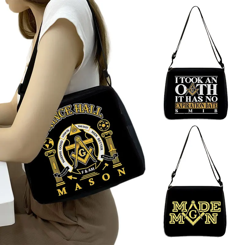 Famous Masonic Square Print  Shoulder Bag Freemason Handbags Women Canvas Crossbody Bag Casual Ladies Underarm Bags Gift