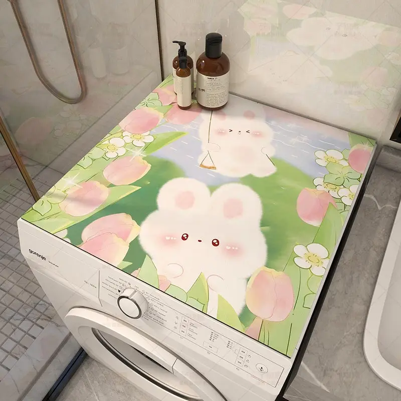 VIKAMA Line Sketch Floral Washing Machine Top Mat Brown Frame Holiday Letter Waterproof Anti Dust Pad For Dryer Cabinet Top