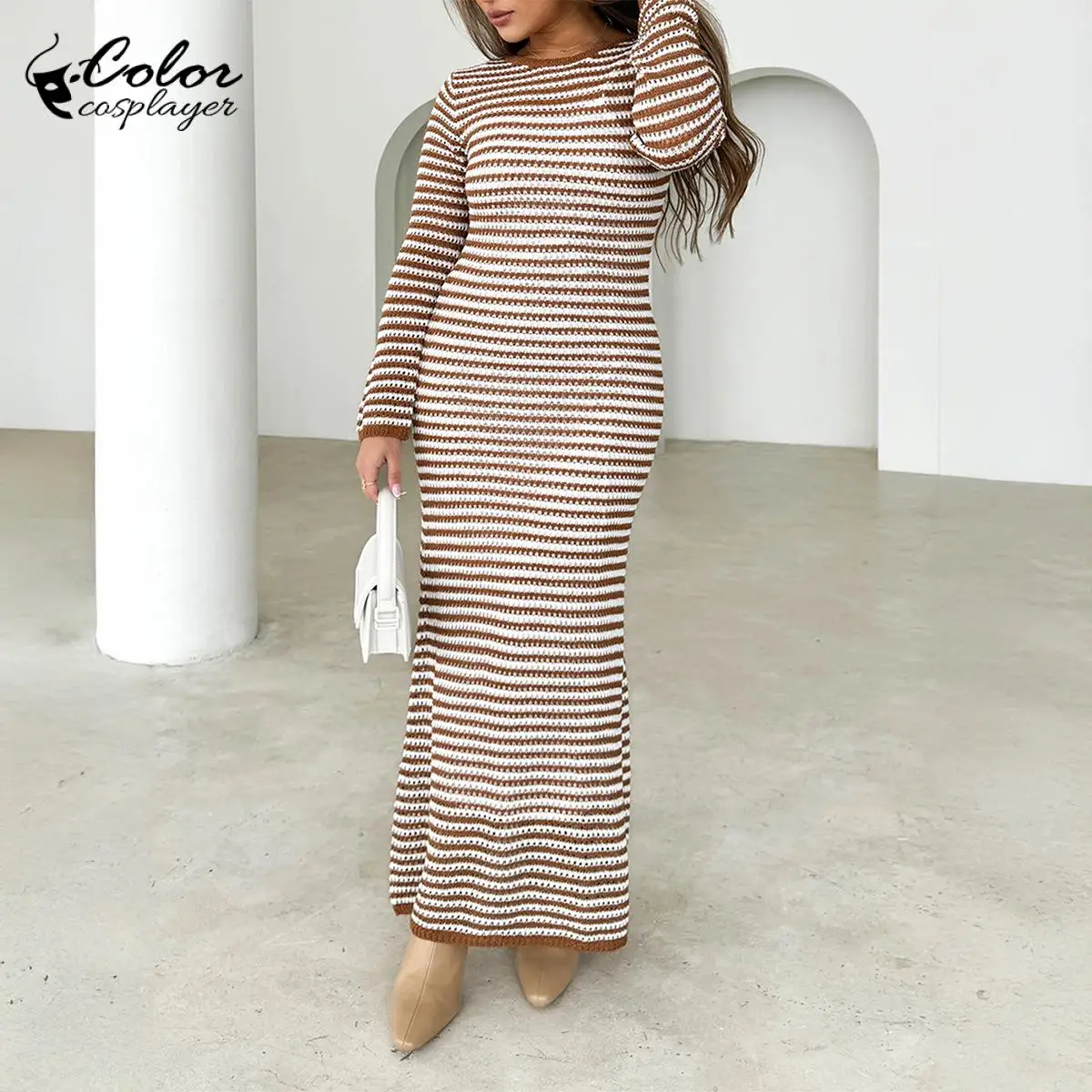 Phantasy Women Knitted Dress Long Sleeved Stripe Dress Autumn Winter Gown Women Slim Bodycon Crewneck Fashion Female Clothing