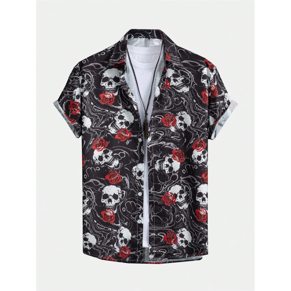 Fashion Skull Floral Men's Shirts Funny Skull 3D Print Streetwear Short Sleeve Tees Hawaiian Shirt Print Lapel Shirts for Men