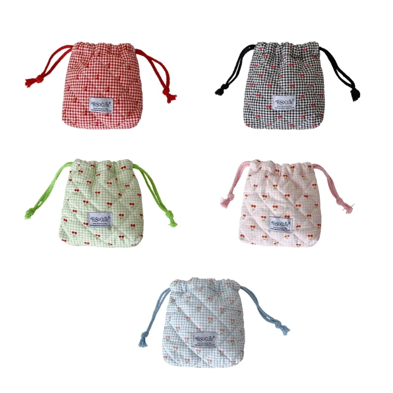 Cherrys Patterned Checkered Cloth Bag Reusable Drawstring Container For Storage