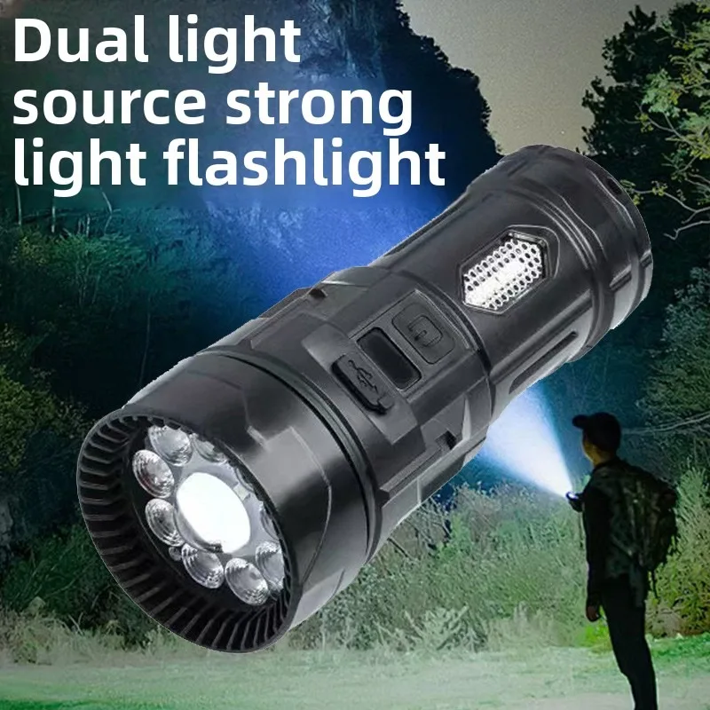 New Multi-Function Flashlight - 9-Light Super Bright, White/Warm Light, Digital Side Lamp, Red-Blue Emergency Warning