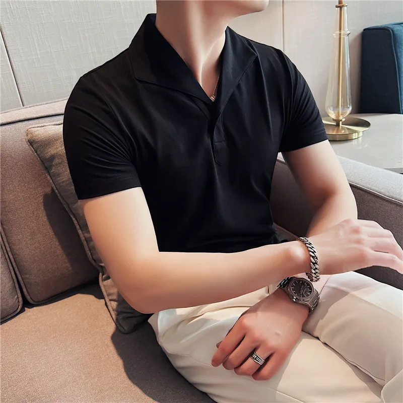 2023 Summer Men Short Sleeve Polo Shirt Fashion Simple White Solid Casual Lapel Slim Fit Formal Male Polo Shirt Homme Streetwear