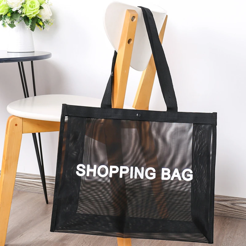 Bolsa de compras de malha transparente preta para mulheres, grande capacidade, nylon, shopping, praia, fitness, ioga, bolsa de ombro, organizador