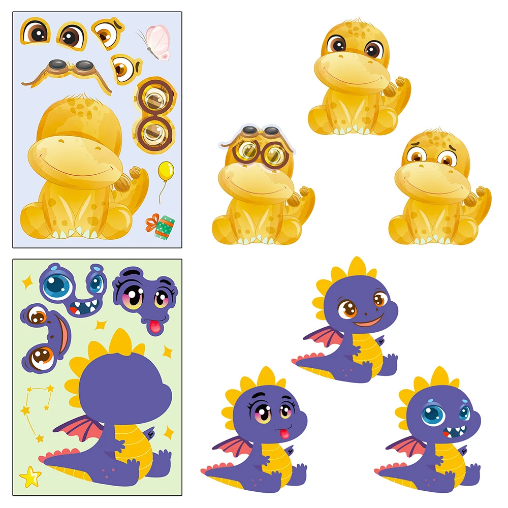 6/12 Vellen Schattige Cartoon Dinosaurus Gezicht Veranderen Puzzelstickers Voor Kinderen Speelgoed Anime Make-A-Face Diy Game Assembleren Puzzel Party Cadeau