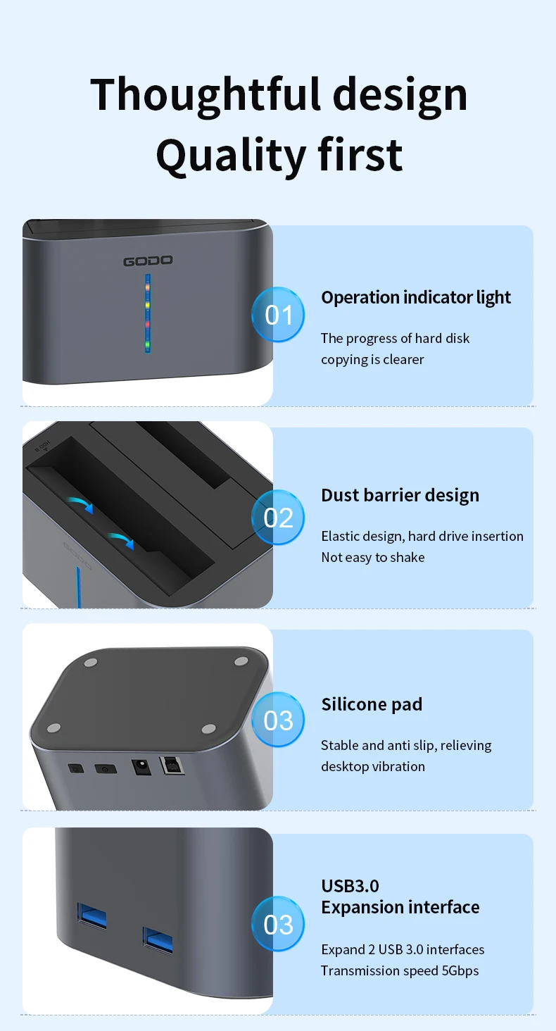 GODO USB3.0 RGB 2.5/3.5 inch SATA HDD SSD Hard Drive Dock Aluminum External Hard Drive Docking Station Case Offline Copying