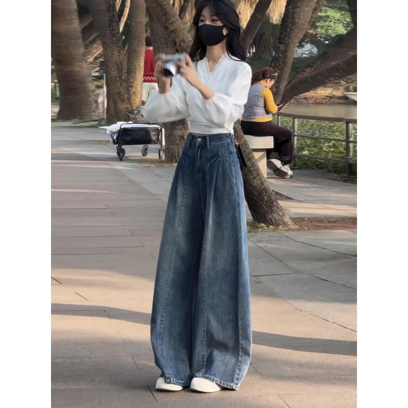 여성용 하이웨이스트 와이드 레그 진 미국 레트로 2025 신상 트렌디 플러스 사이즈 루즈 슬림 캐주얼 스트레이트 플레어 팬츠