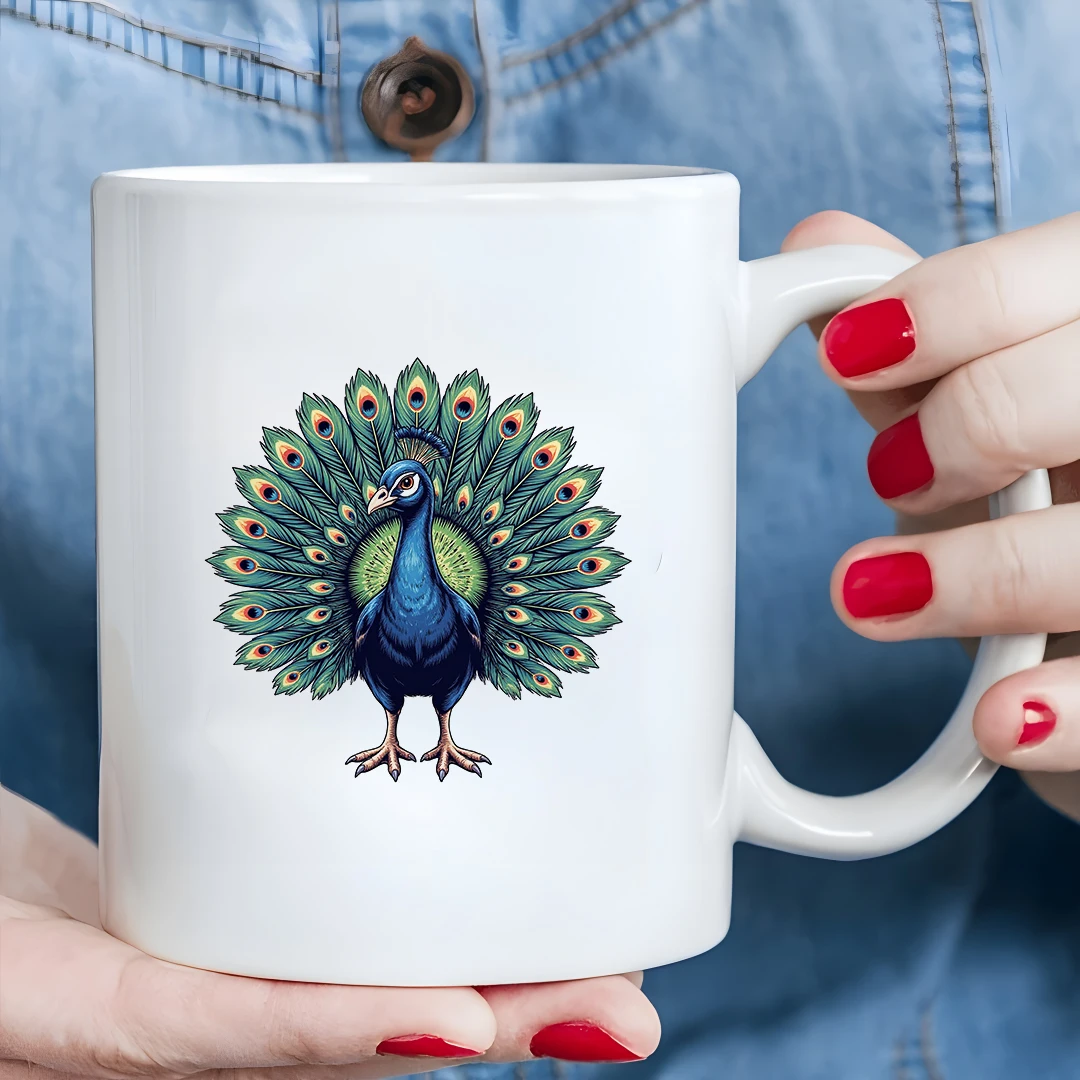 

11oz Cartoon Peacock Mug Childrens Cold Hot Drink Cup Christmas Gift Home Party Cup Blue Eyeshaped Feathers Elegant Illustrati