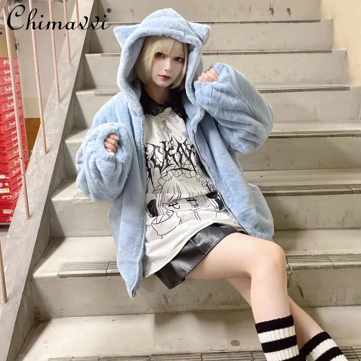 Japanese Mine Series Cute Cat Ears Plush Jacket Autumn Winter Fashion Sweet Subculture Imitation Rabbit Fur Long-sleeved Coat