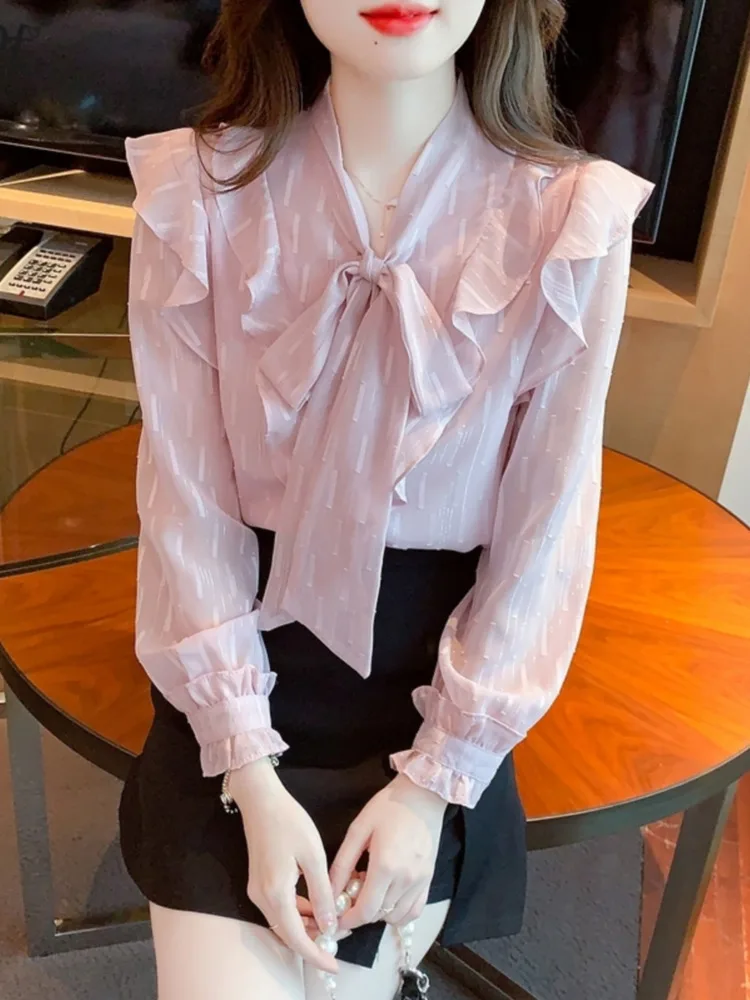 #3236 Spring Pink Chiffon Shirts Blouse Thin Sexy Bow Collar France Style Vintage Office Blouse Femme Slim Fit Spliced Ruffles