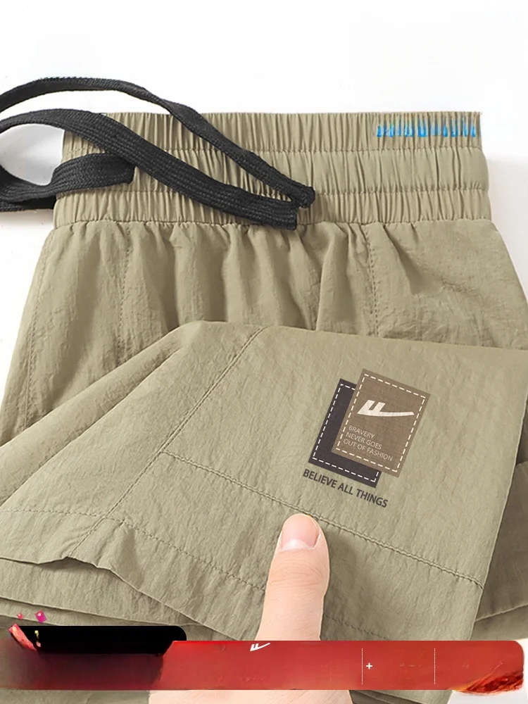 

Мужские тонкие пляжные брюки цвета хаки, летние легкие повседневные брюки, свободный крой, прямые брюки, молодежные дышащие брюки