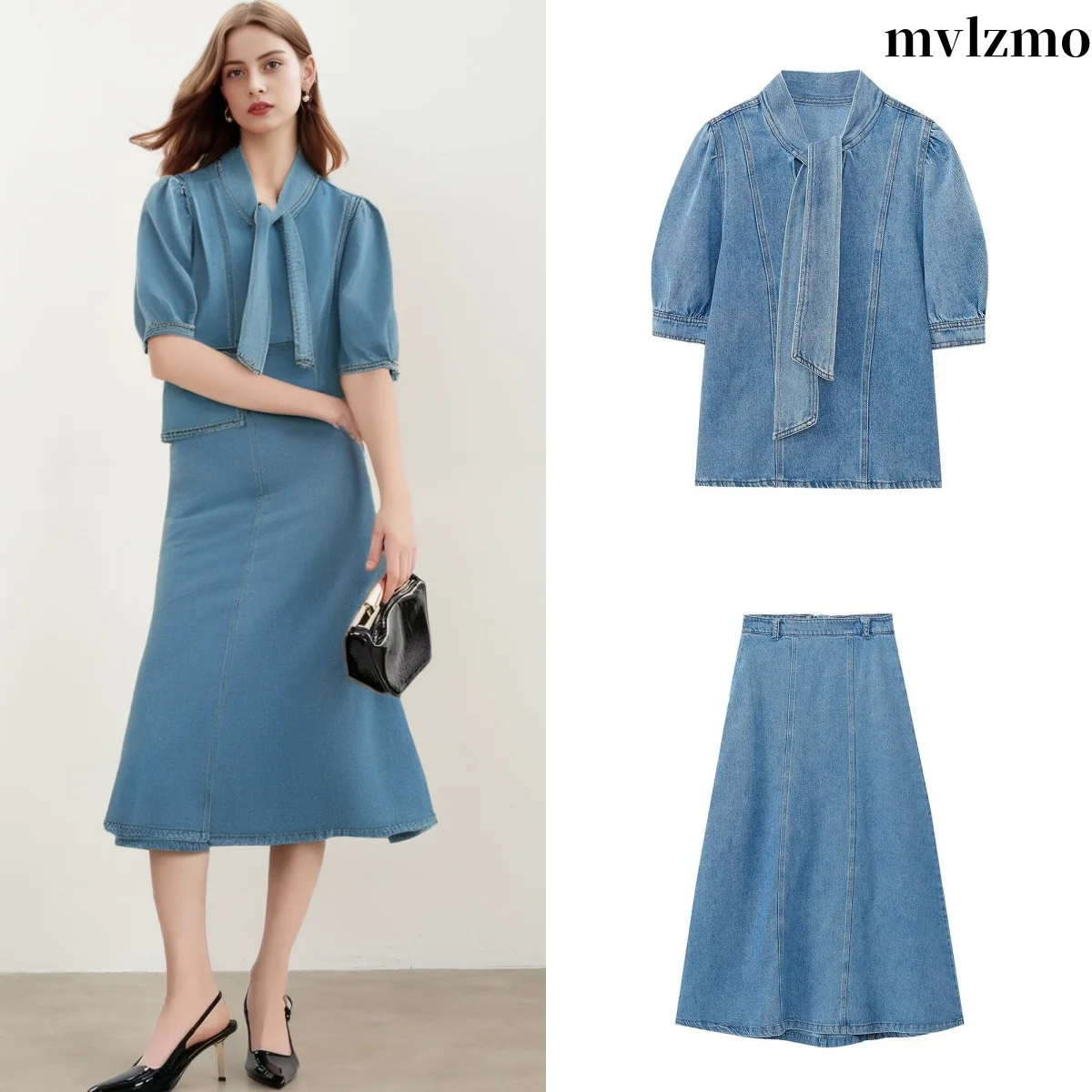 

Женская рубашка, модная новая джинсовая рубашка с воротником-бабочкой, джинсовая юбка-накидка, женский шикарный джинсовый костюм