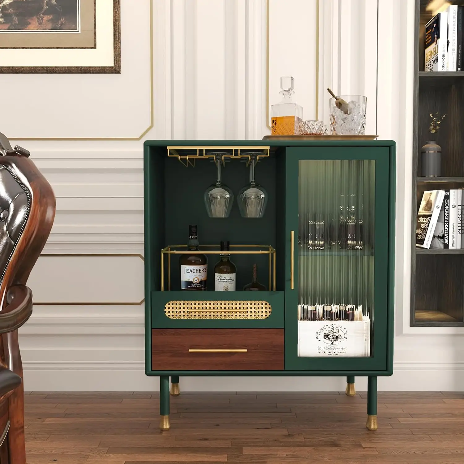 

Modern Coffee Bar Cabinet with Wine Glass Rack and Drawers, Green Liquor Cabinet with Pull-Out Wine Storage for Kitchen, Dining