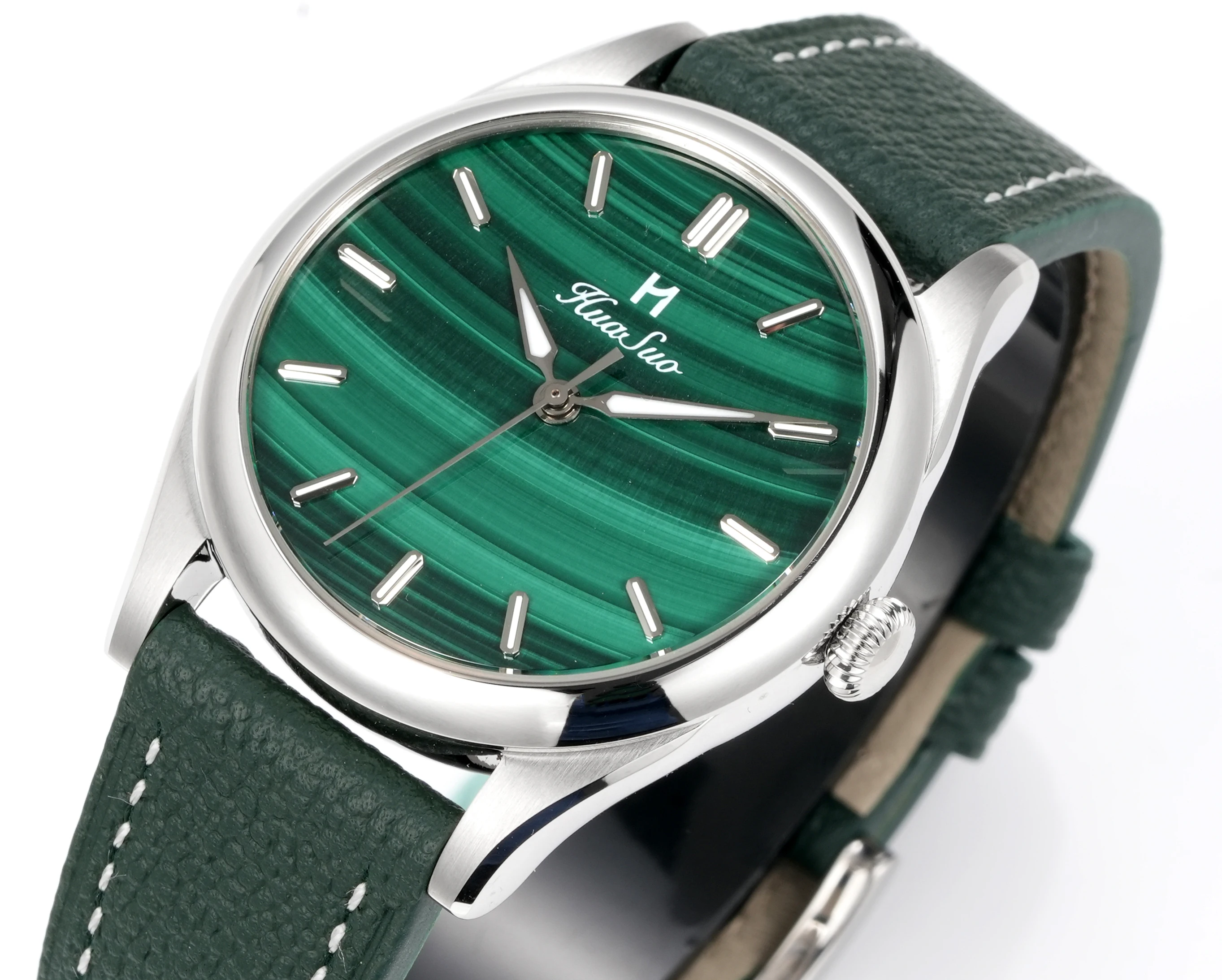 HUASUO New 38mm Business Men Watch Natural malachite Dial PT5000 Automatic Mechanical Gemstone Wristwatch Sapphire Waterproof 50