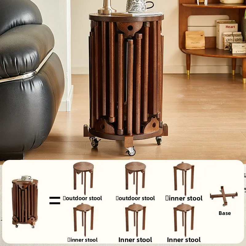 

6 in 1 Stackable Round Stool Home Solid Wood Dining Stool with Wheels Modern Nesting Small Tea Table Space Saving Home Furniture