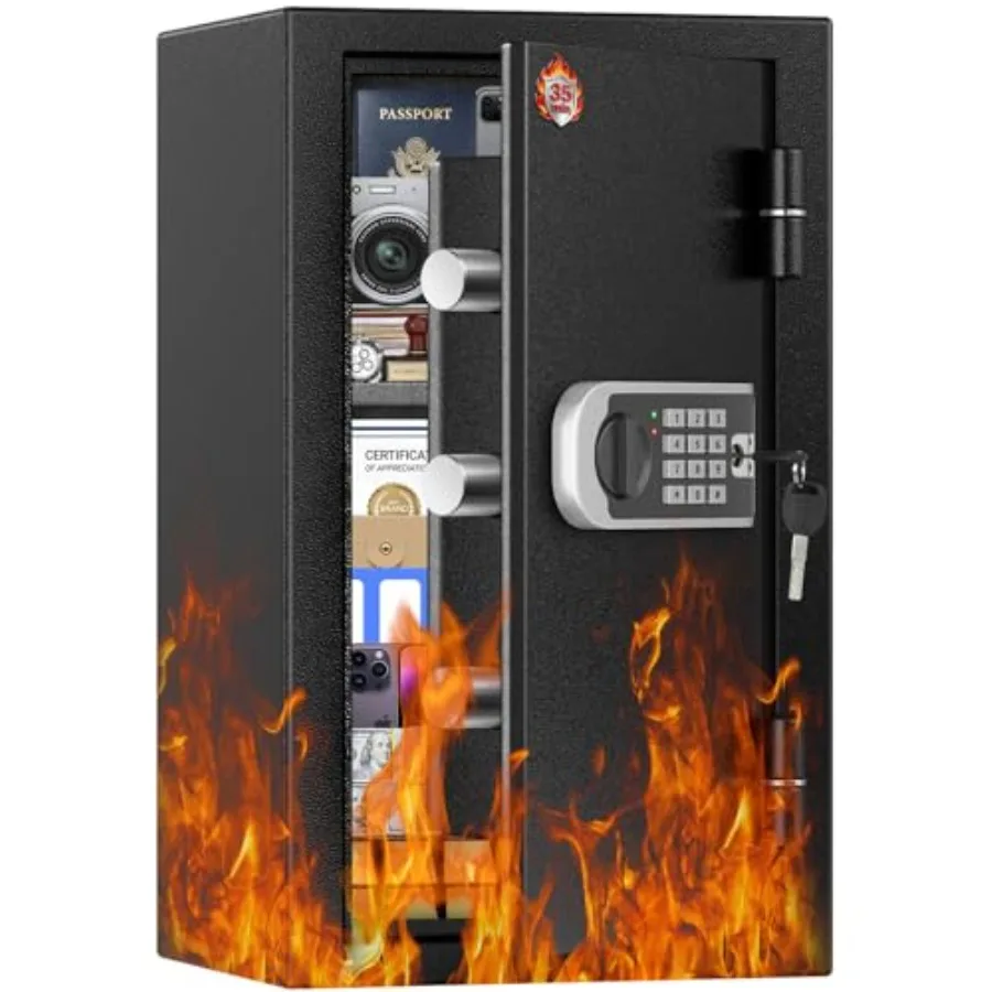 

Home use fireproof safe: steel construction, black, -35 min fire resistance, 3.6 cu ft capacity, smart alarm, wall/floor mount
