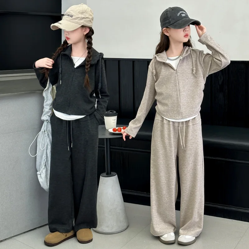 

Повседневный спортивный костюм для девочек, однотонная толстовка на молнии и широкие брюки, костюмы, детская уютная одежда для дома, наряд из двух предметов для твиса