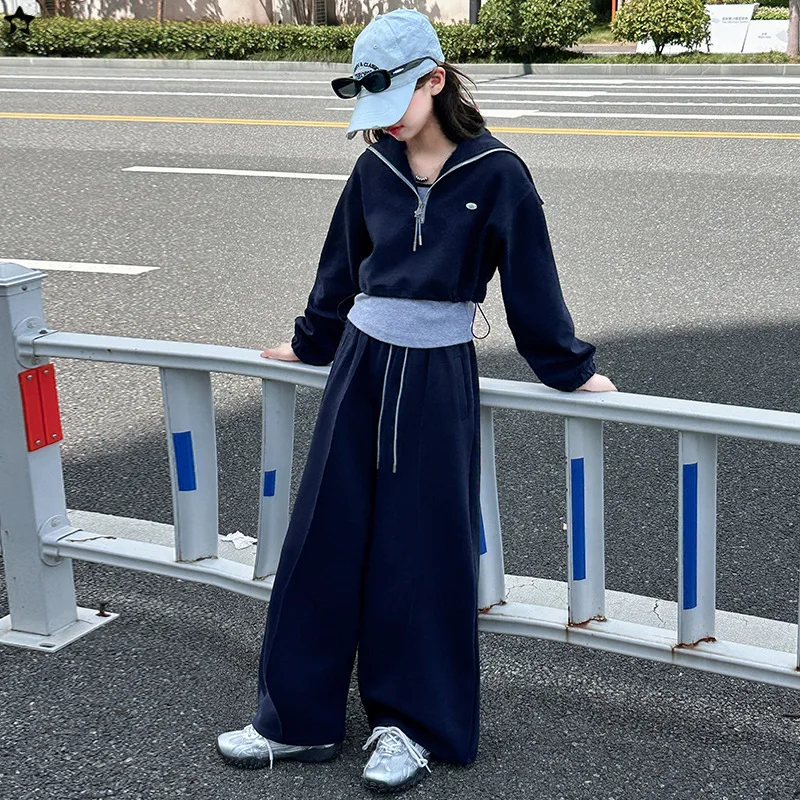 

2025 Autumn Children Girls Sets Korean Half Zipper Sweatshirt+Drawstring Wide-leg Pant Kids Girls Outfit 4-14Y Girls Suit
