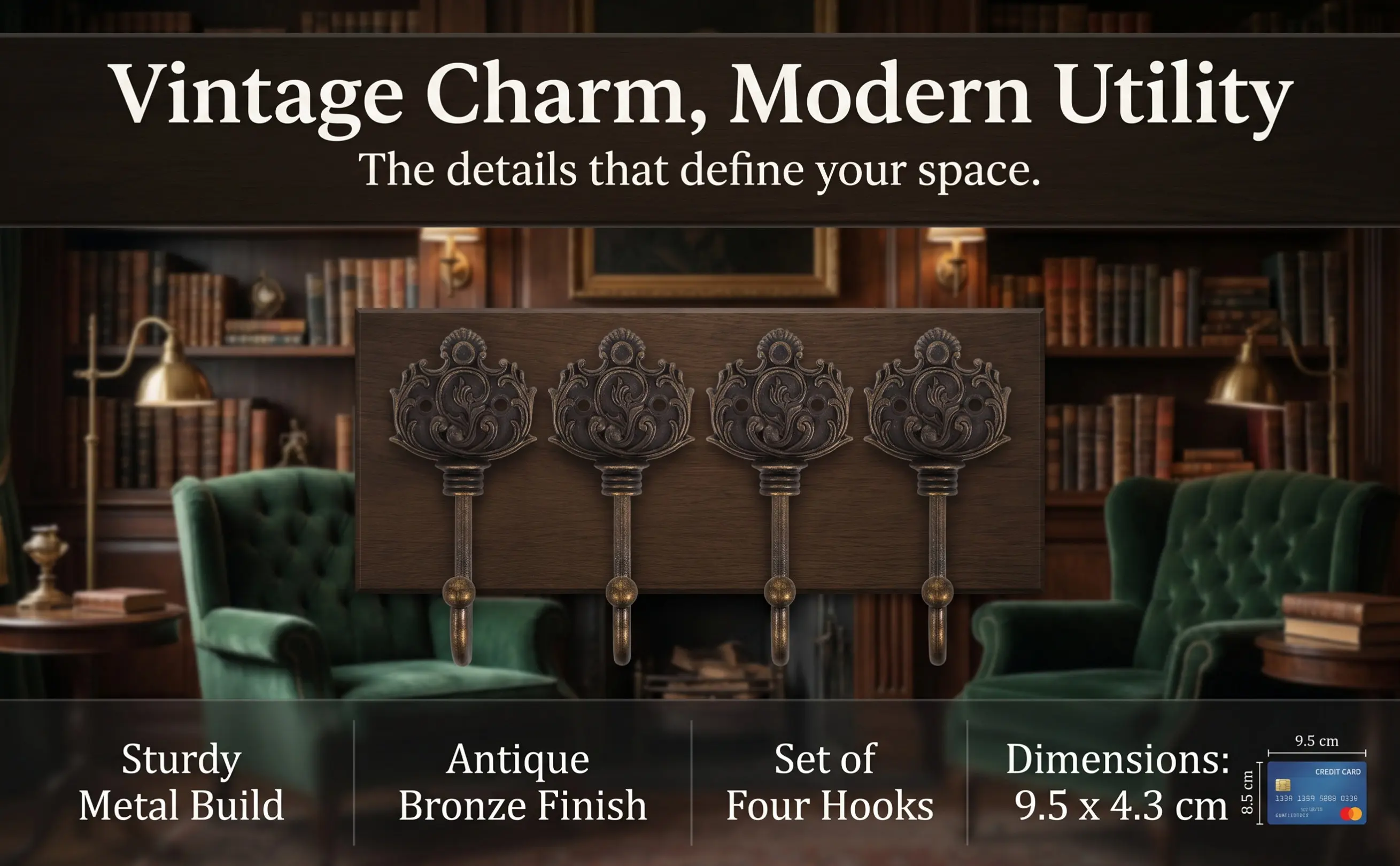 4Pcs Vintage Bronze Metal Wall Hooks Sturdy Coat Hat Rack Decorative Multifunctional Organizer for Living Room Entryway