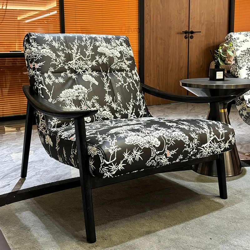#Modern Retro Single Sofa Chair Solid Wood Flower Pattern Leather Reclining Leisure Furniture for Office Living Room Hotel