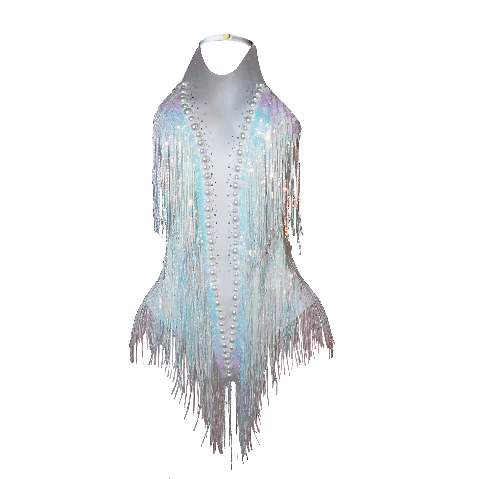 

Latin Dance Stage Outfit Sexy Tassels Pearls Bodysuits Drag Queens Costume For Women Birthday Club Performance Team Leotard