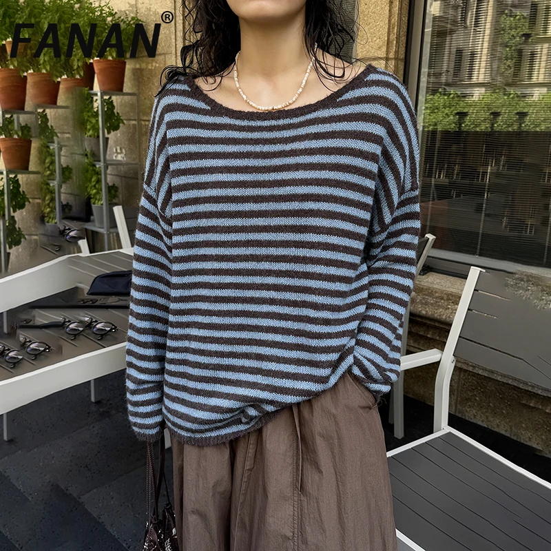 

FANAN Vintage Striped Contrast Color Sweater For Women Round Neck Long Sleeve Office Lady Wool Knitting Tops 2025 Autumn New
