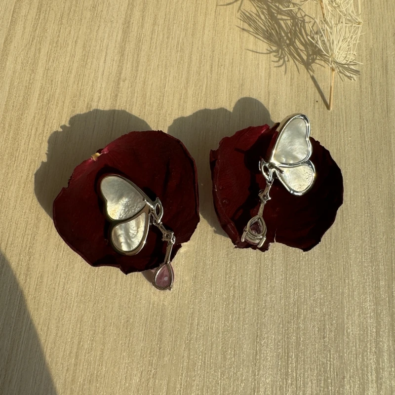 Bellux Design Gradient Pink Shell Butterfly Earrings S925 Silver Gold Plated Light Luxury Fashion Earrings