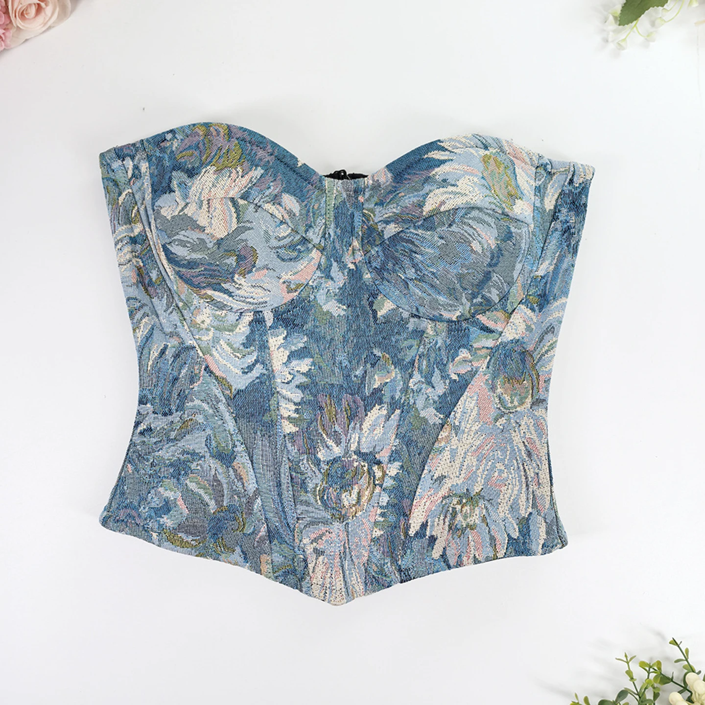 Jacquard Floral Out Wear Fashion Fish Bone Steel Ring Short Sling Vest Sexy Girl Summer New Holiday Slim Versatile Bottoming Top