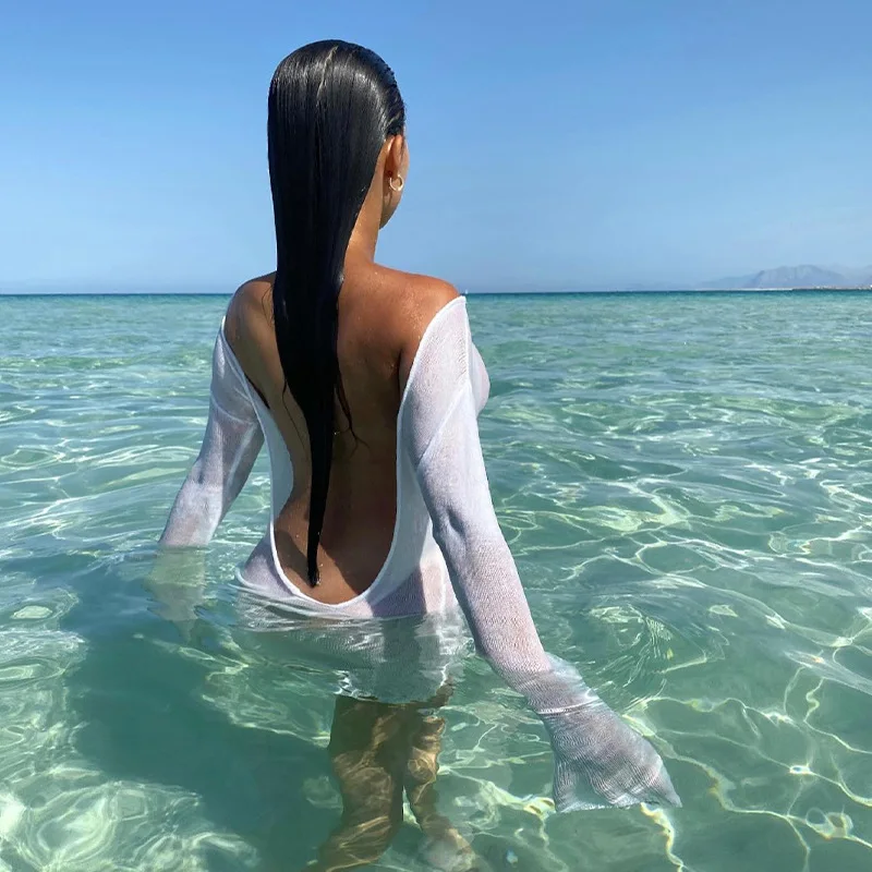Chic Women Knitted Mini Dress Sexy Backless Long Sleeve Cover-ups Sundress Summer Beach Holiday Bodycon Dress Female Clothes