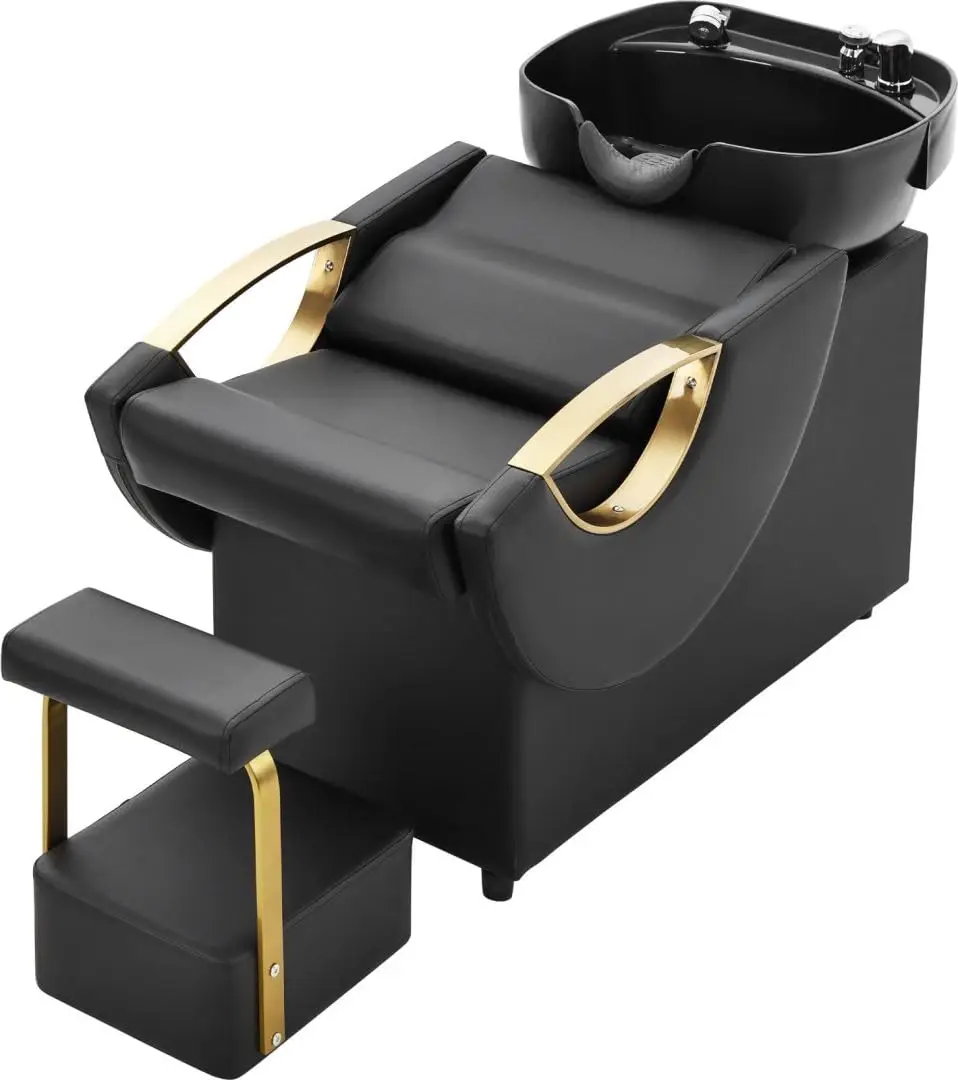 Salon Shampoo Chair & Footstool with ABS Sink Basin, Storage Box, Ergonomic PU Leather, High-Density Sponge, Customized