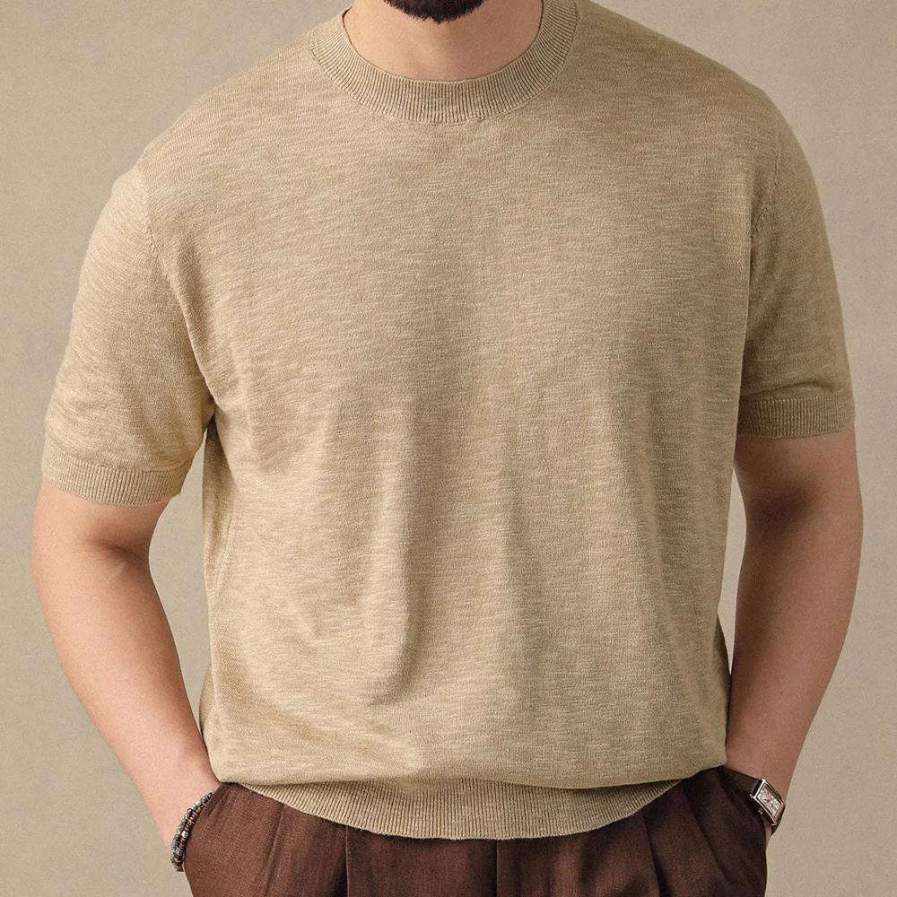 Cotton Blend O-neck Short-sleeve Men Tshirt Social Club Outfits Italian Basic Knit Shirt Casual Versatile Solid Tee Shirt Homme