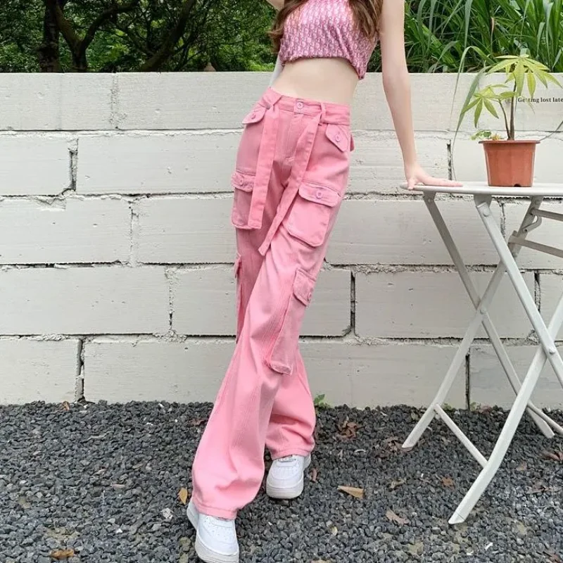 Fashion Multi-Pocket Casual Cargo Pants Female Clothing Wide Leg Spring Autumn Safari Style High Waist Drawstring Basic Trousers