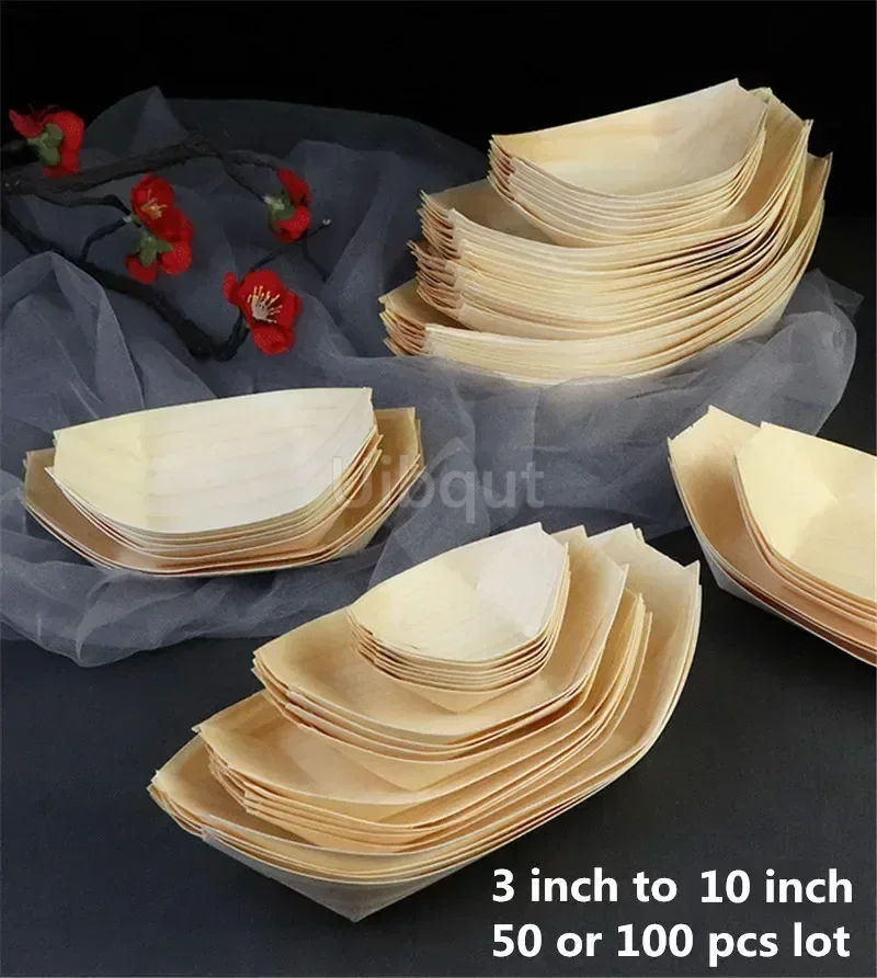 100pcs 50 Sushi shushi Wood Boat Natural bamboo Disposable Kayak Dessert Salad Pine Cake Boat Snack Bowl Mat Sushi Plate Tray