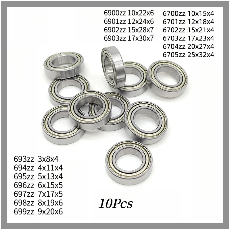 10Pcs Mixed Thin Wall Deep Groove Ball Bearings 692ZZ~699ZZ, 6900ZZ~6903ZZ, 6700ZZ~6705ZZ Double ZZ