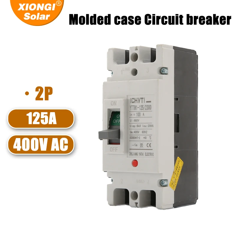 XIONGISolar Molded case circuit breaker 2P AC 400V 100A YTM1-125 Overload Protection Switch Protector for Solar Photovoltaic