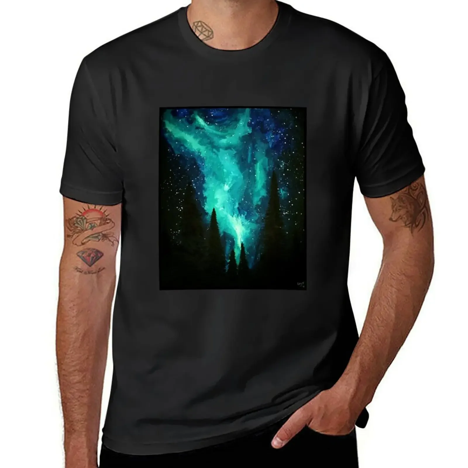 Aurora borealis turquoise forest T-Shirt designer shirts anime mens t shirts casual stylish