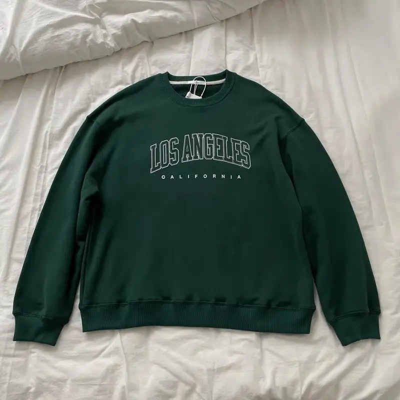 American Retro Letters Printing Dark Green Crewneck Sweatshirt Women Oversized Hoodies Pullovers New Spring Sudaderas Para Mujer