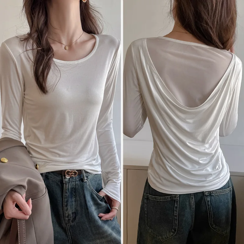 

White Long Sleeve Mesh Base Shirt Women's Early Autumn Design Sensation Inner And Outer Wear Shoulder round Neck Bottoming Top