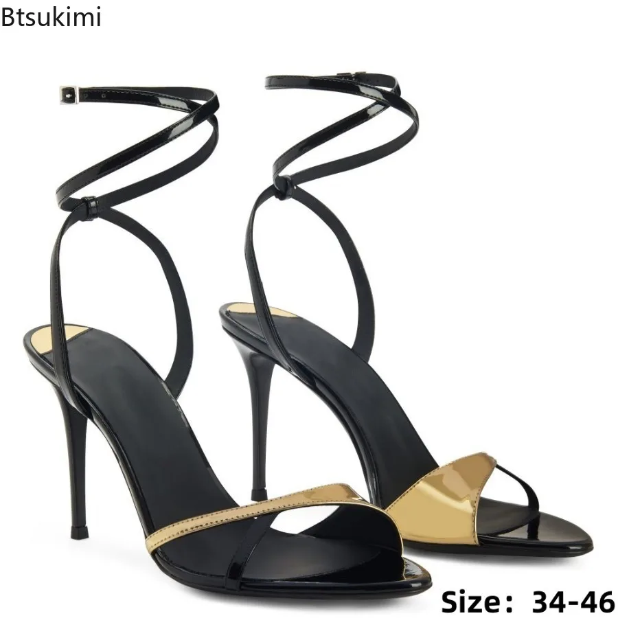 Women's Black Gold Patent Leather Sandals Fashion Wrap Ankle Strap Stiletto Heels Open Toe Sandals New Summer Casual Sandals